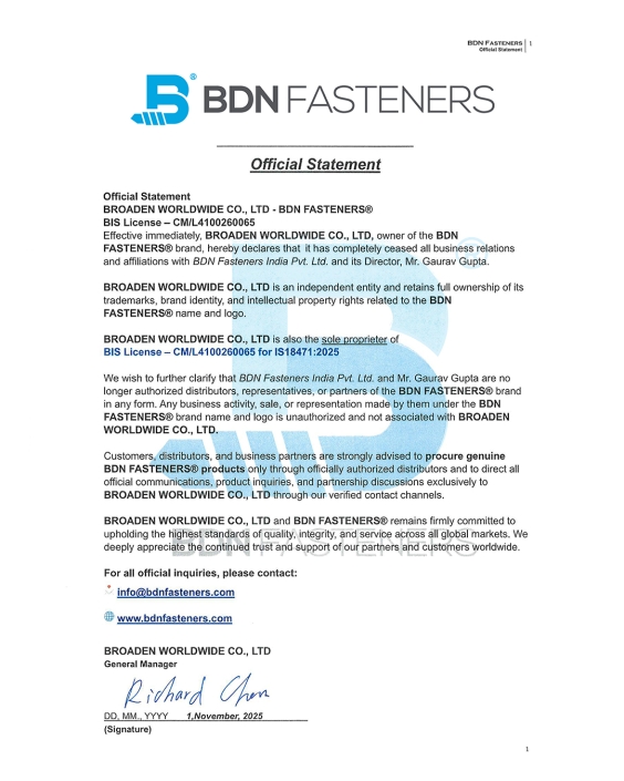 BDN FASTENERS - Non-Affiliation Statement_Signed