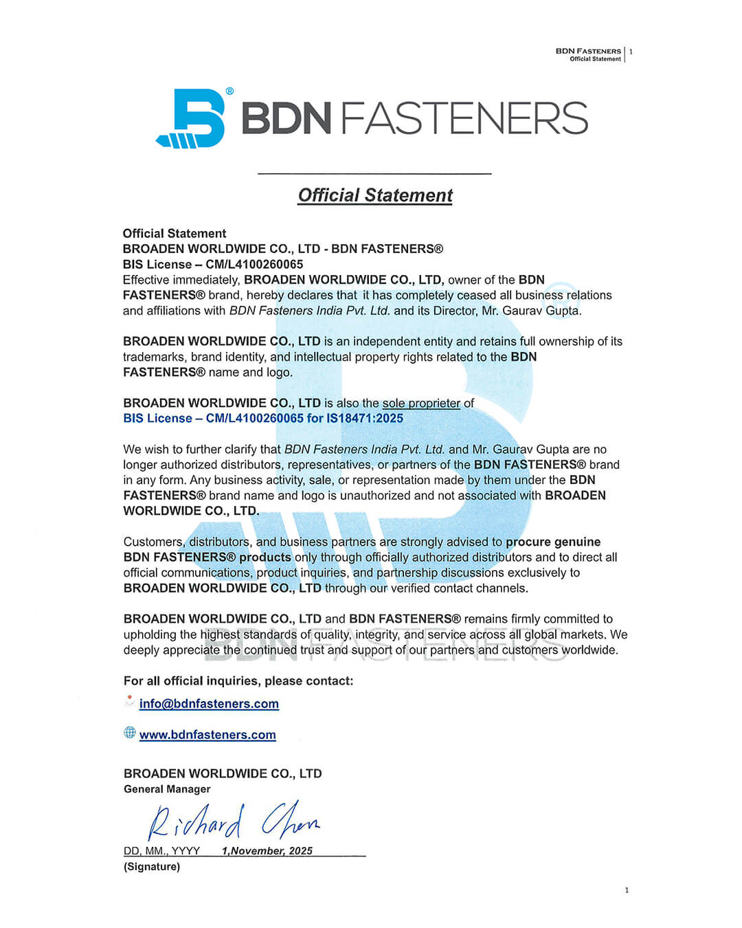 BDN FASTENERS - Non Affiliation Statement Signed