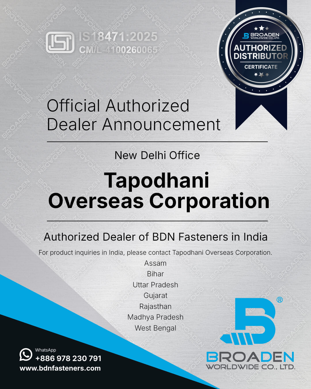 BDN Fasteners Authorized Dealer - Tapodhani Overseas Corporation