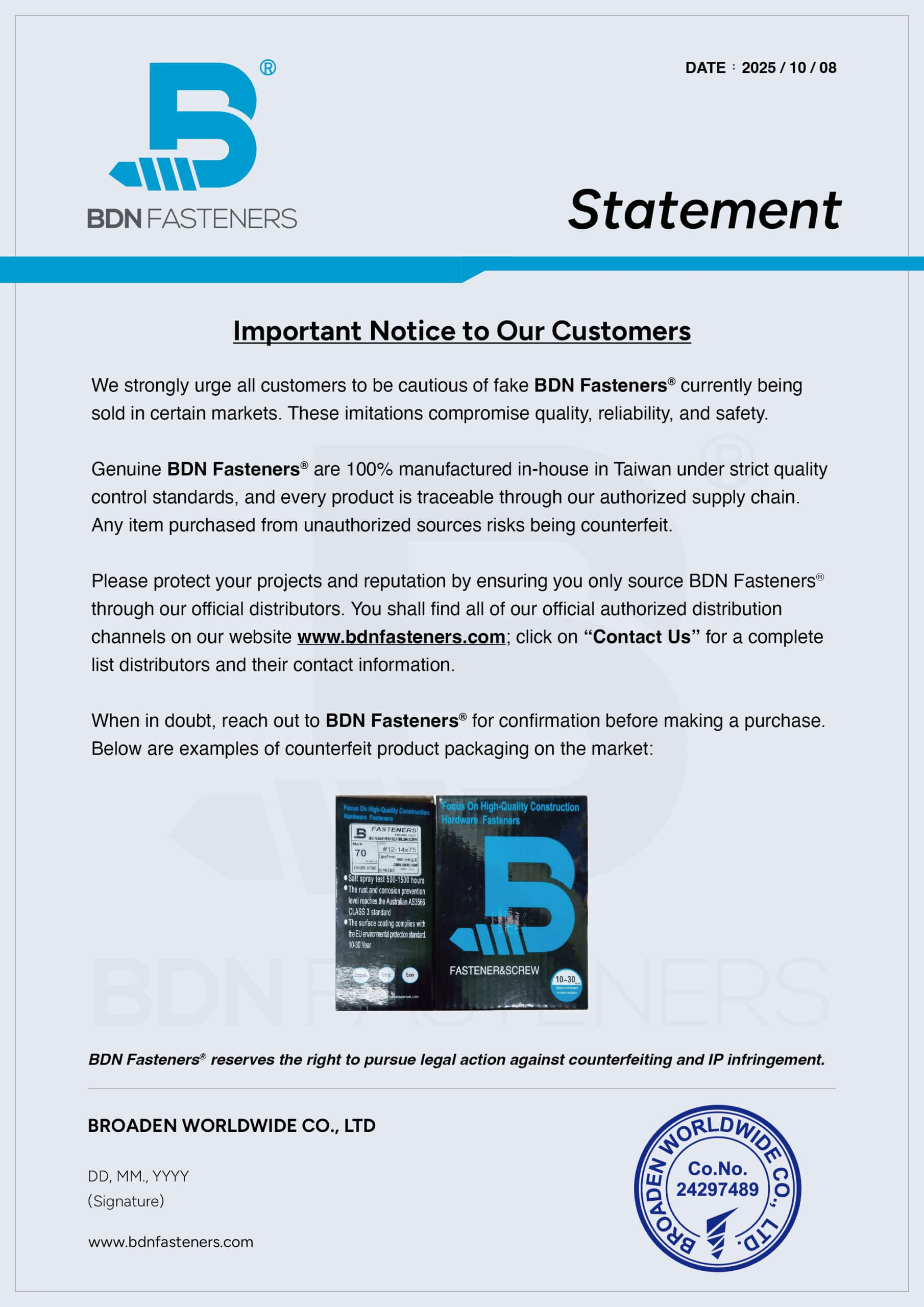 Customer Advisory: Only Buy Genuine BDN Fasteners®