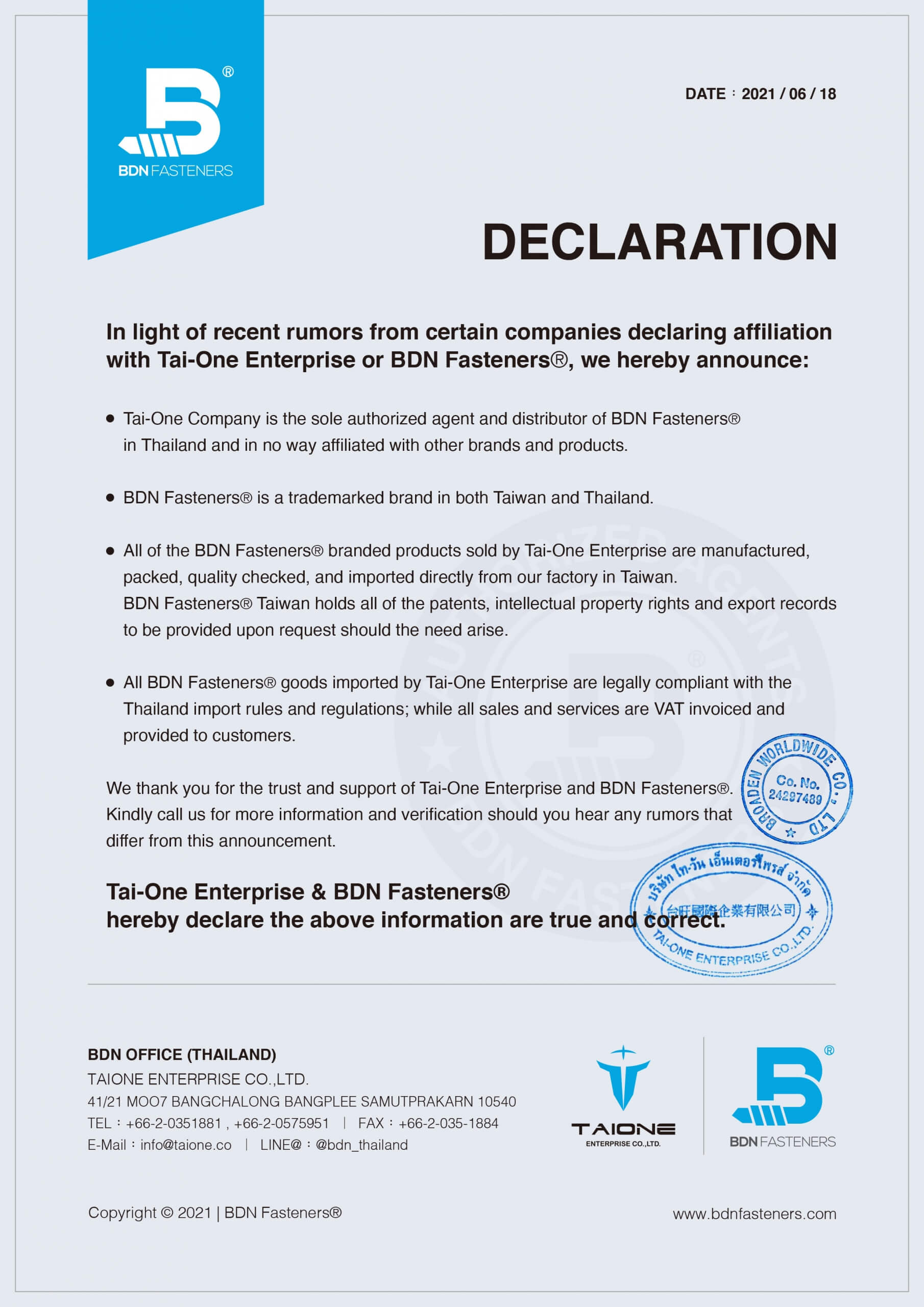 Tai-One Enterprise & BDN Fasteners® hereby declare-Made in Taiwan